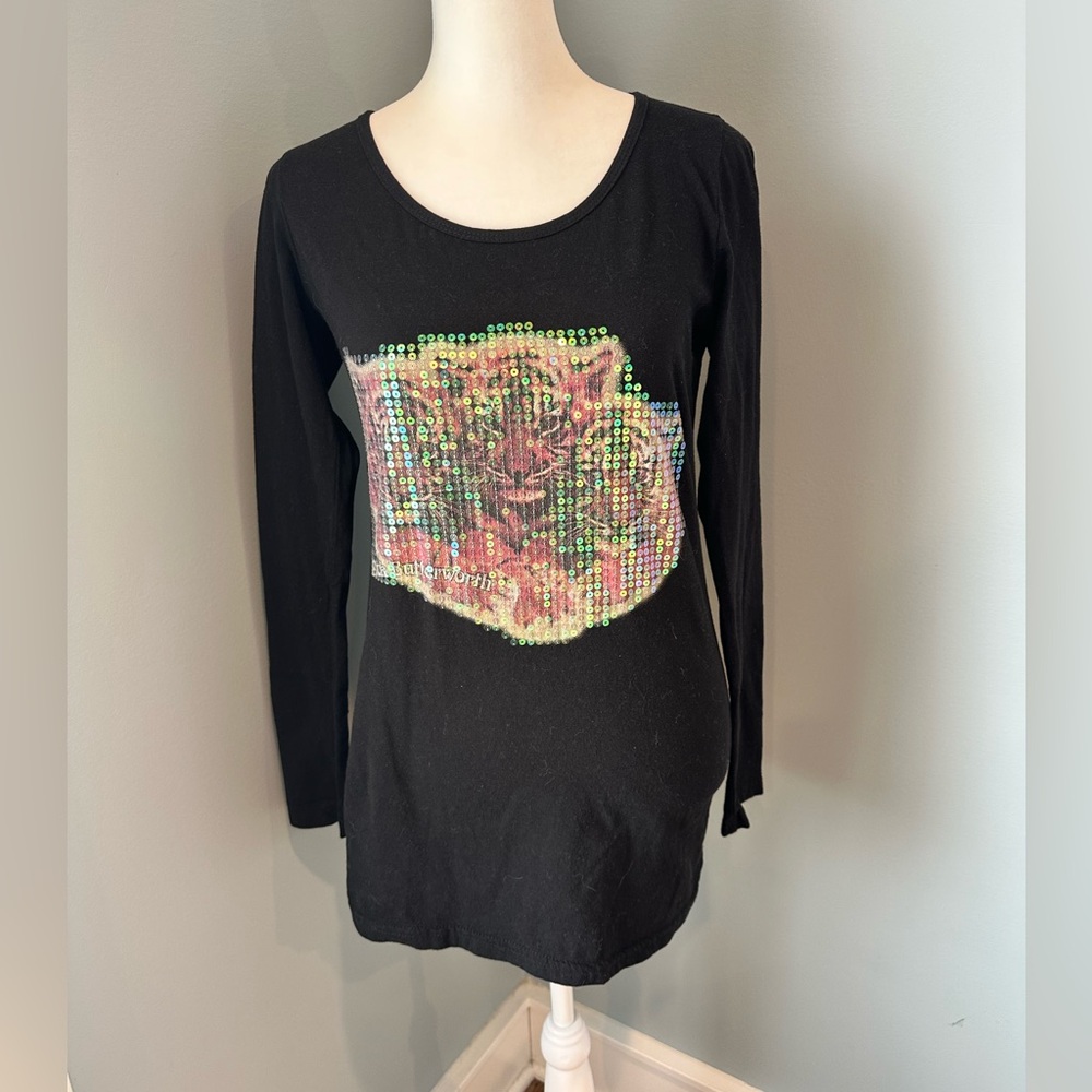 NWOT POL Black Long-Sleeve Sequin Tiger Graphic Women's Top
